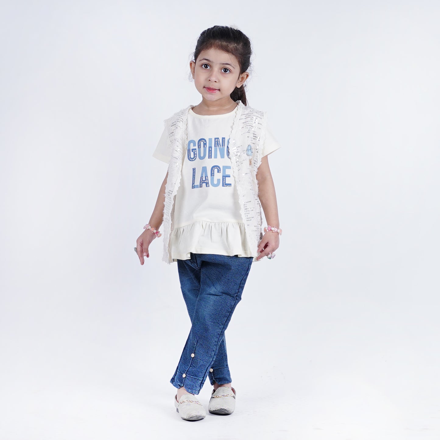 Girls Fancy 3pc Top with Chiffon Coat & Denim Jeans