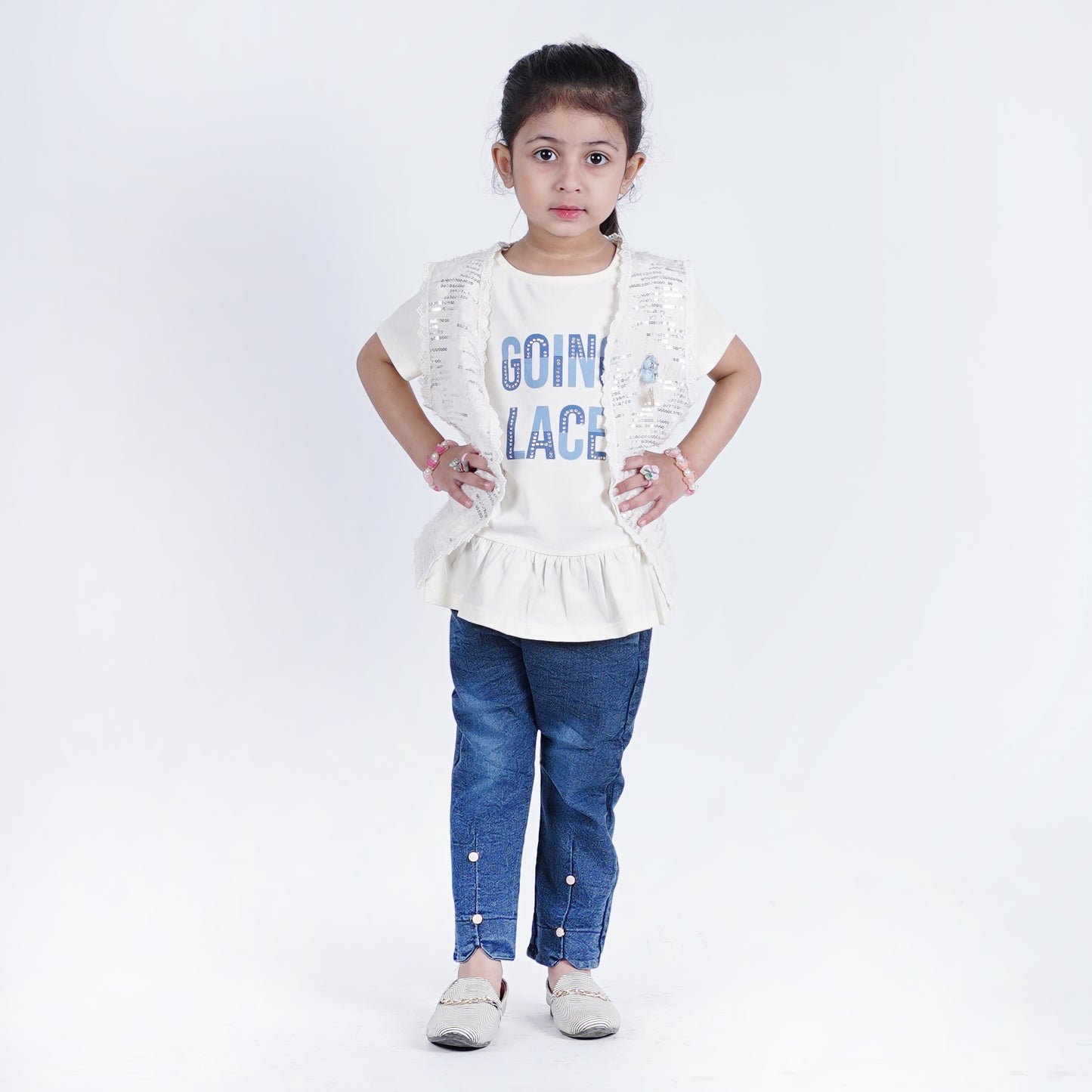 Girls Fancy 3pc Top with Chiffon Coat & Denim Jeans