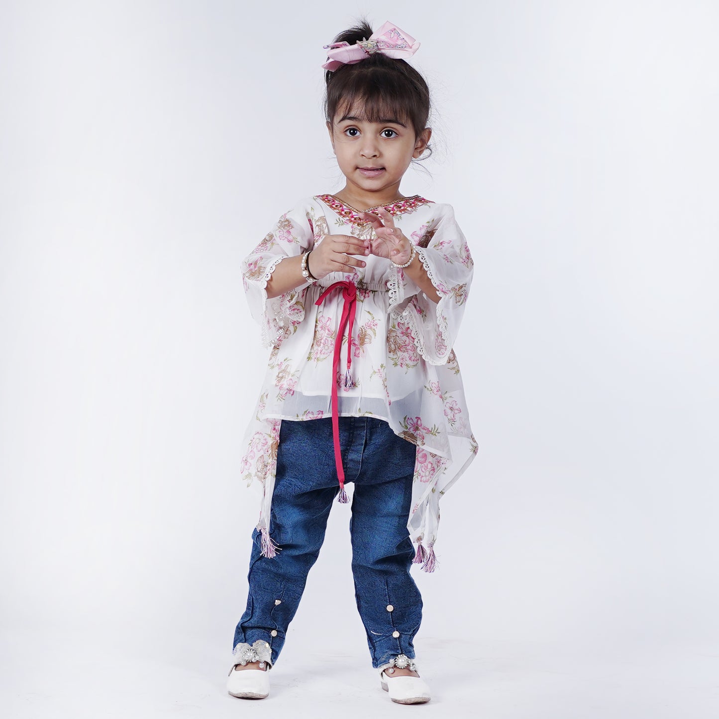 Girls Fancy Floral Printed Top with Denim Pants