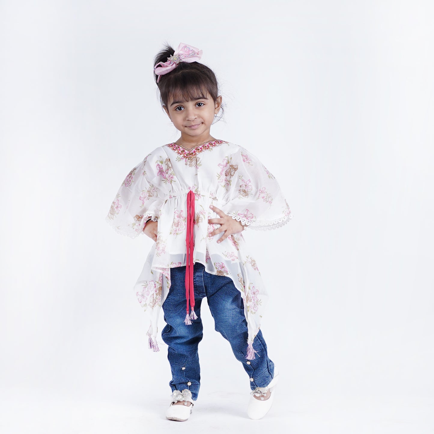 Girls Fancy Floral Printed Top with Denim Pants