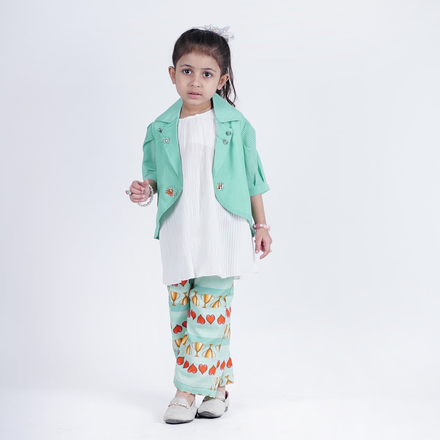 Girls 3pc Coat Style Fancy Top with Printed Pajama