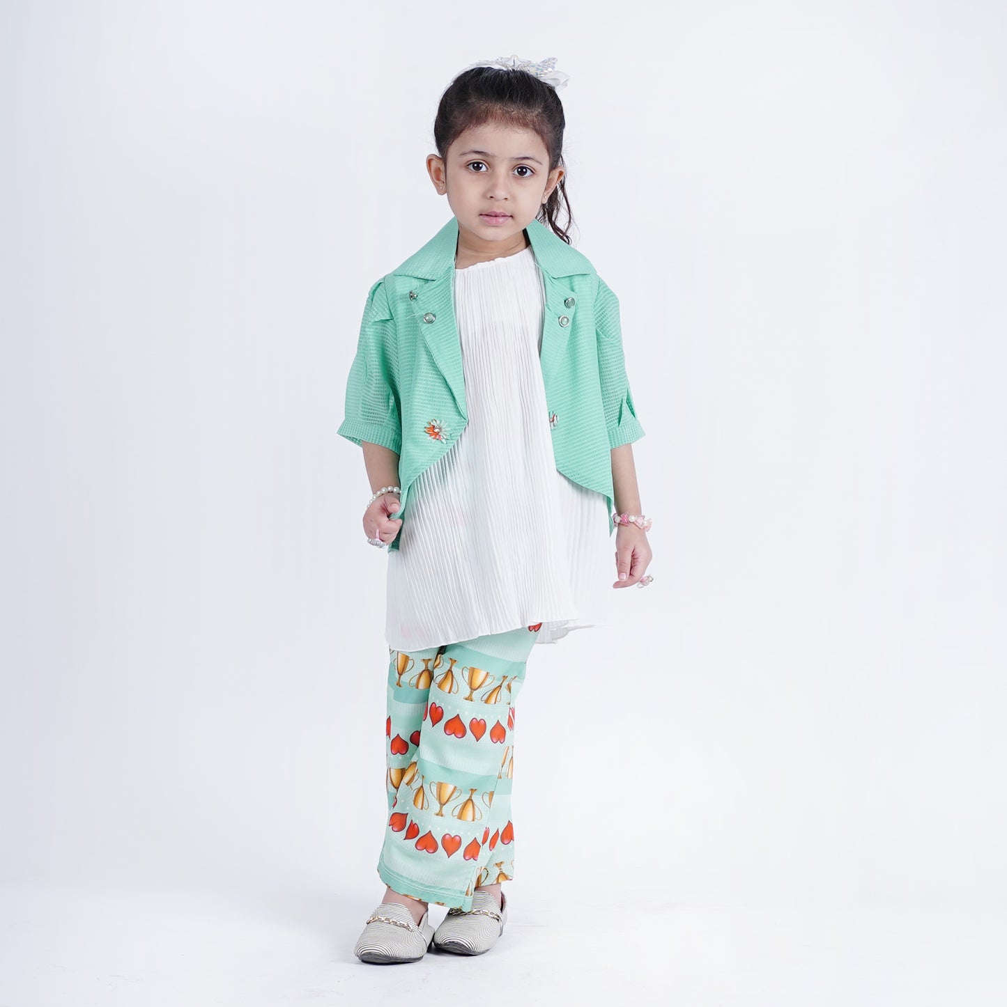 Girls 3pc Coat Style Fancy Top with Printed Pajama