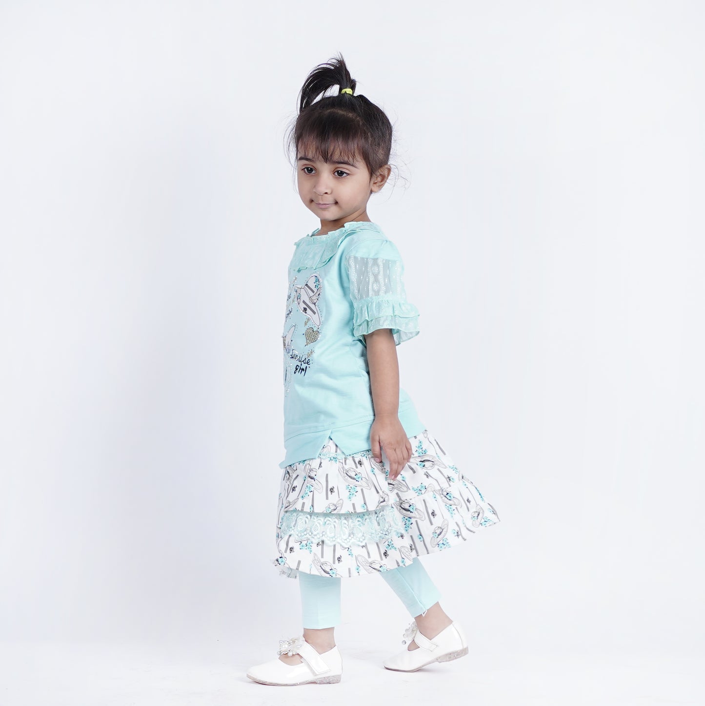 Girls 3pc Embroided Top with Printed Skirt and Pajama