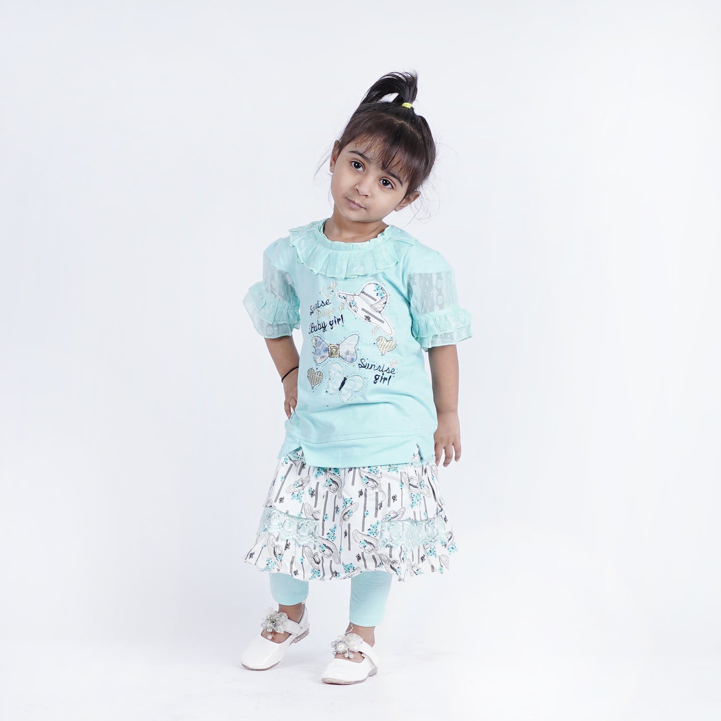 Girls 3pc Embroided Top with Printed Skirt and Pajama
