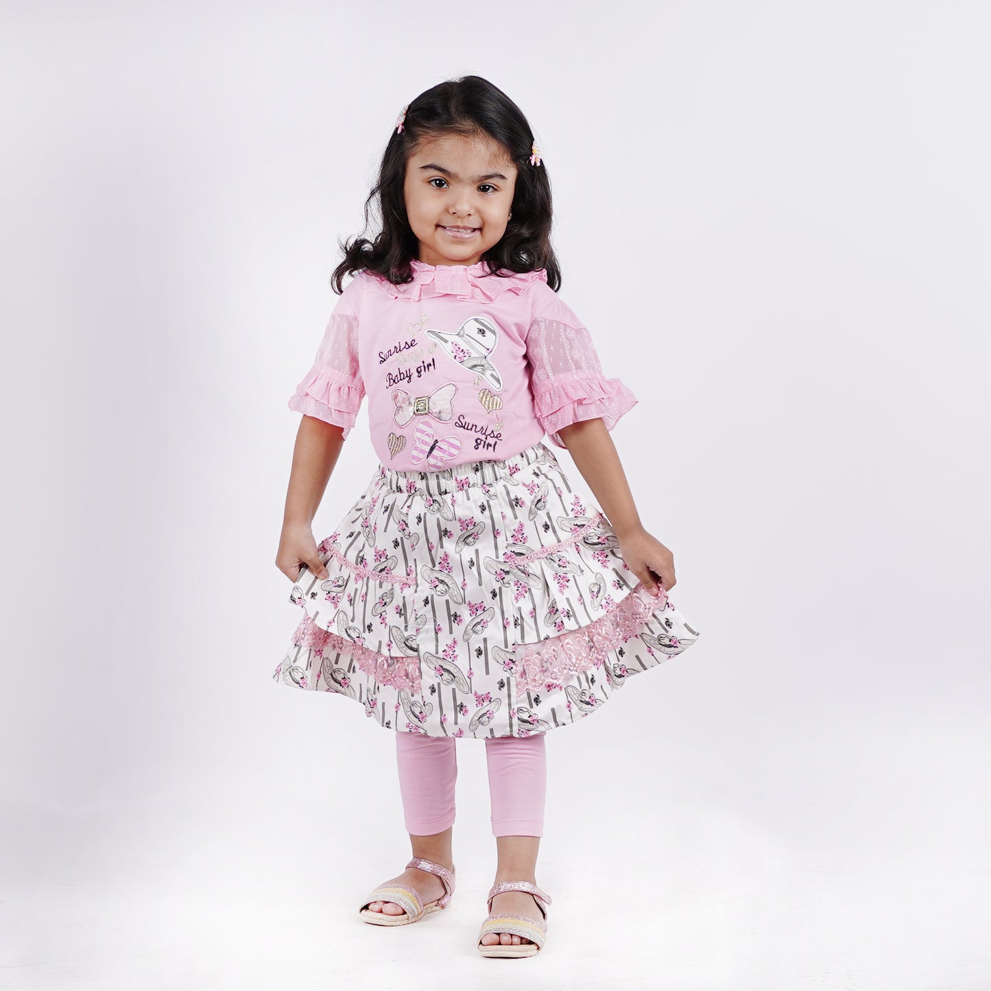 Girls 3pc Embroided Top with Printed Skirt and Pajama
