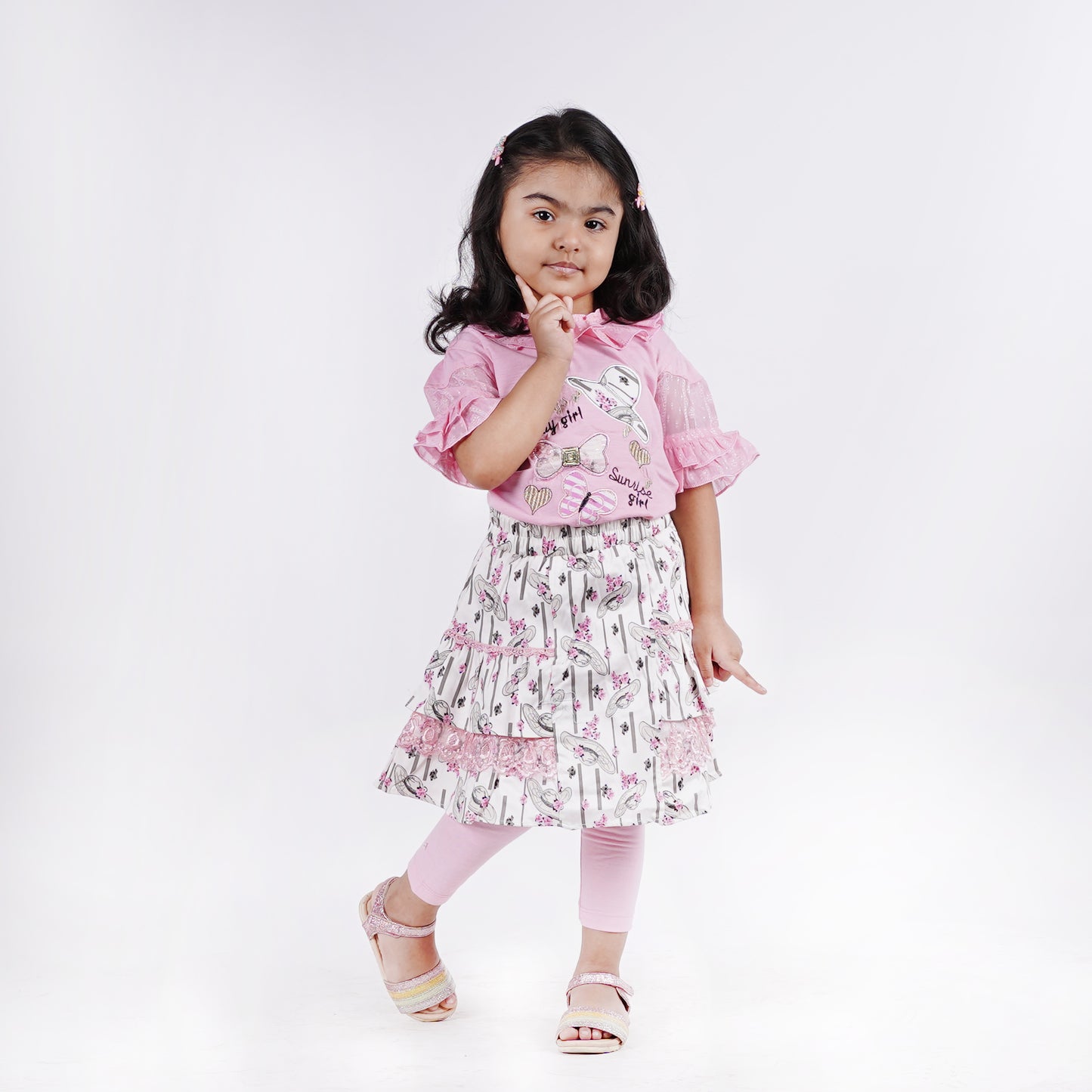 Girls 3pc Embroided Top with Printed Skirt and Pajama