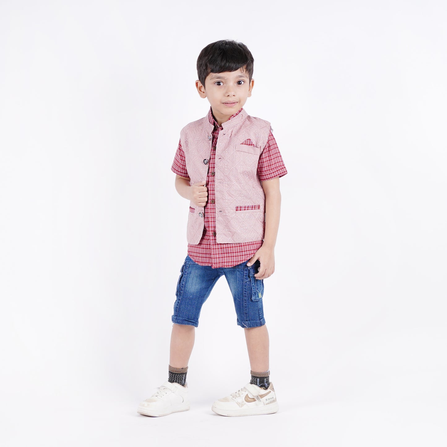 Boys 3pc Check Shirt & Coat with Denim Short