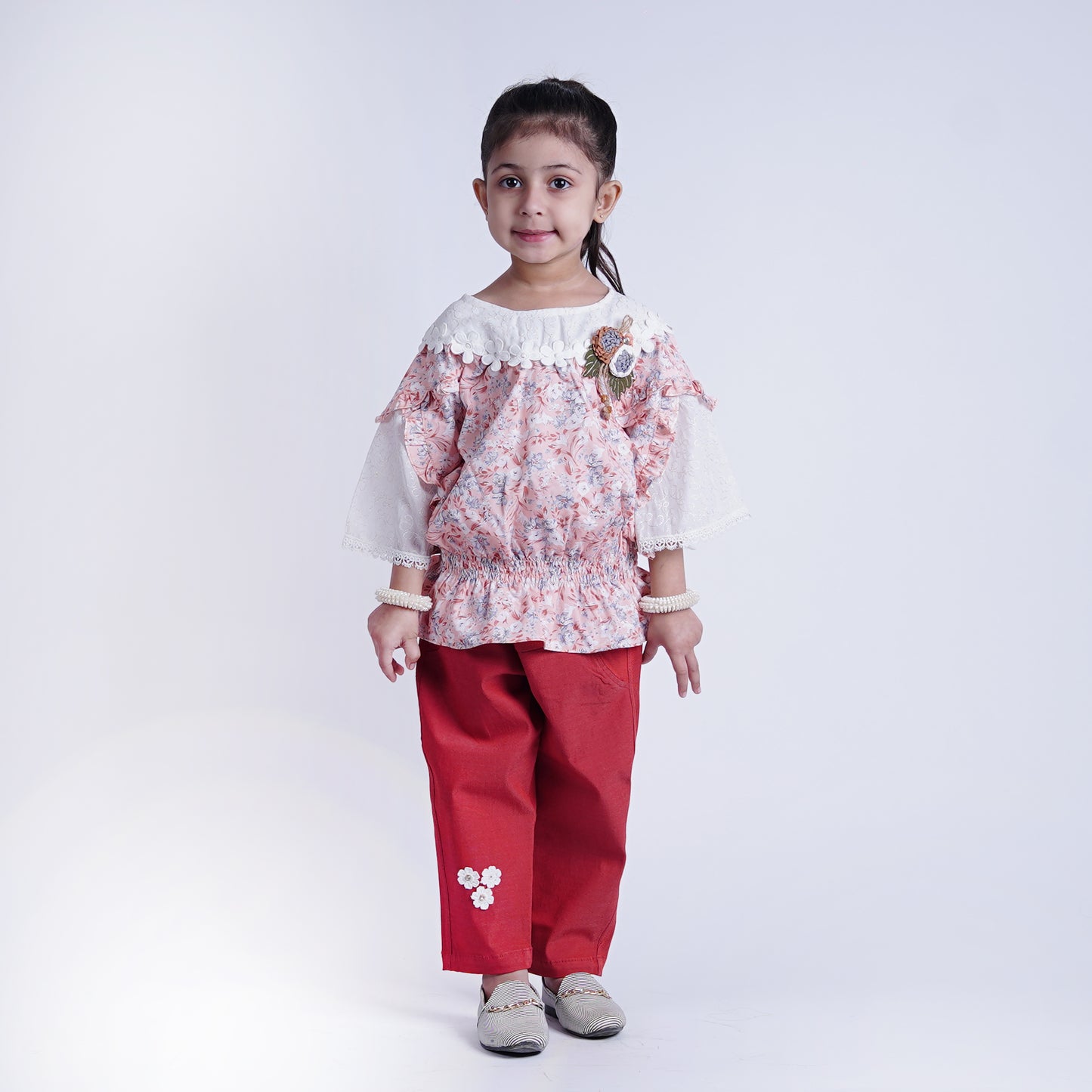 Girls Fancy Frock with Pants Flower Bunch Pink & Green