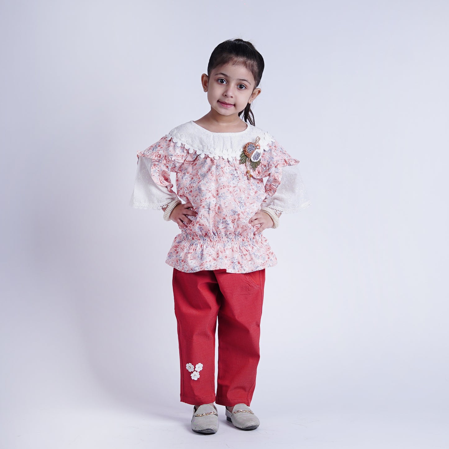 Girls Fancy Frock with Pants Flower Bunch Pink & Green