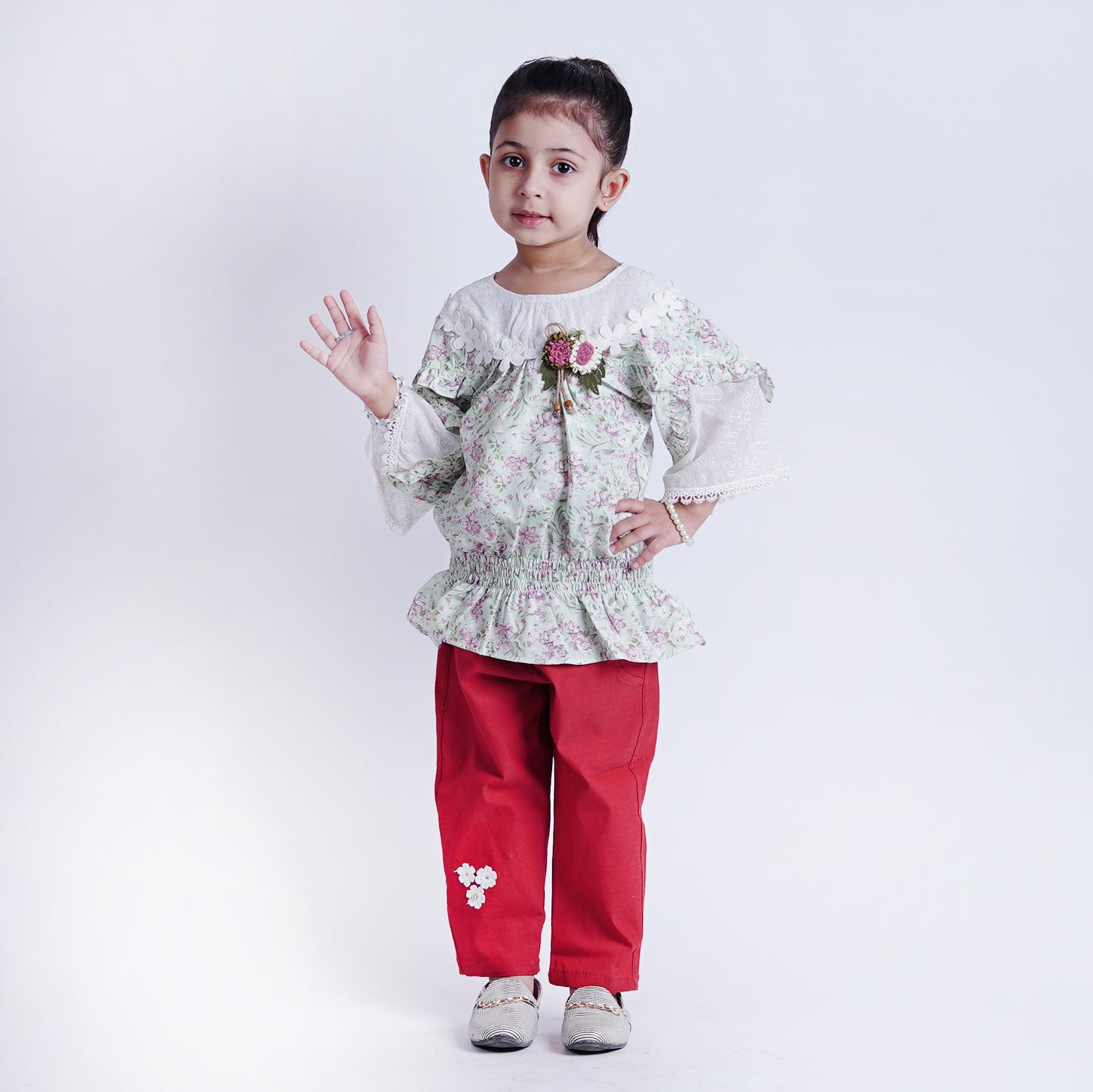 Girls Fancy Frock with Pants Flower Bunch Pink & Green