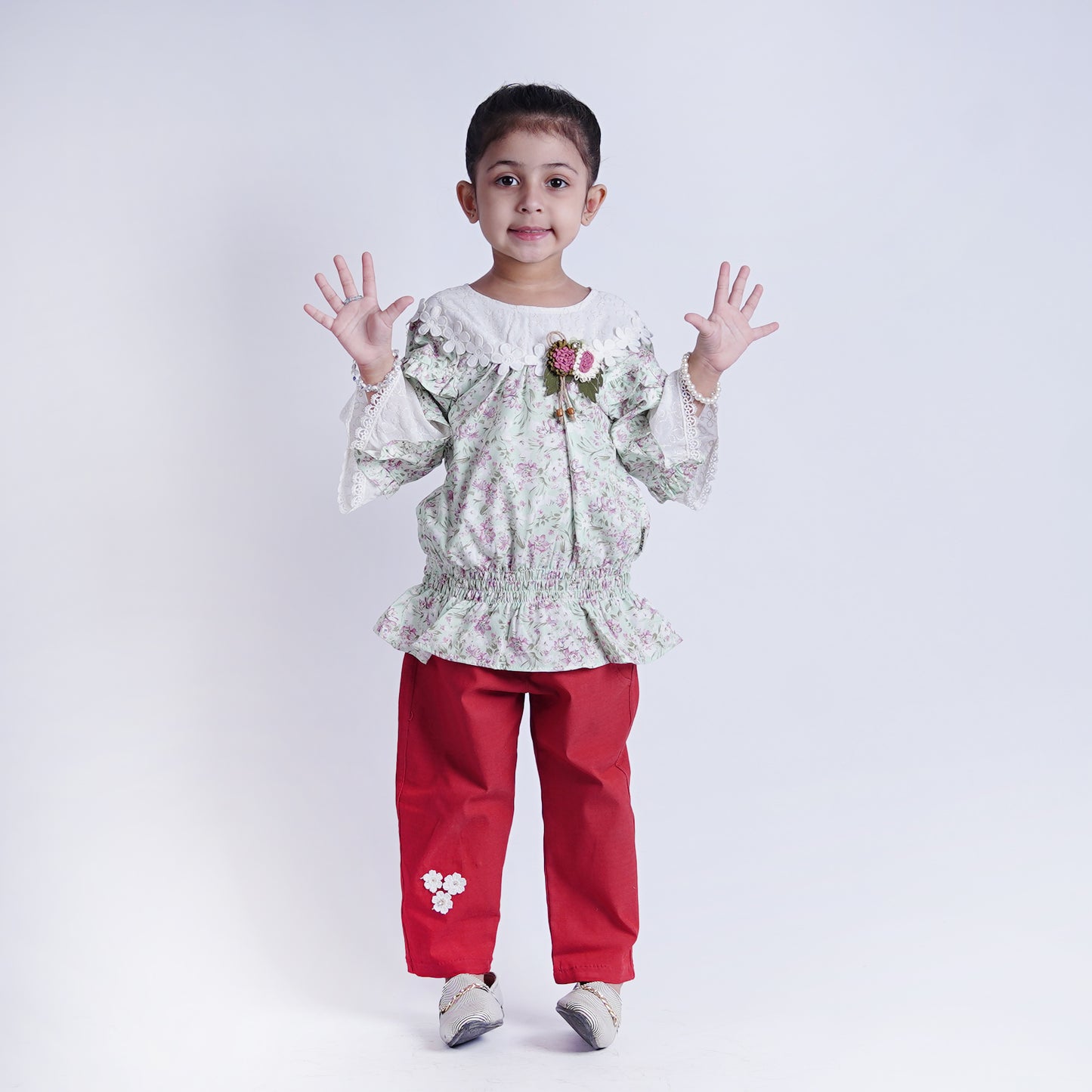 Girls Fancy Frock with Pants Flower Bunch Pink & Green