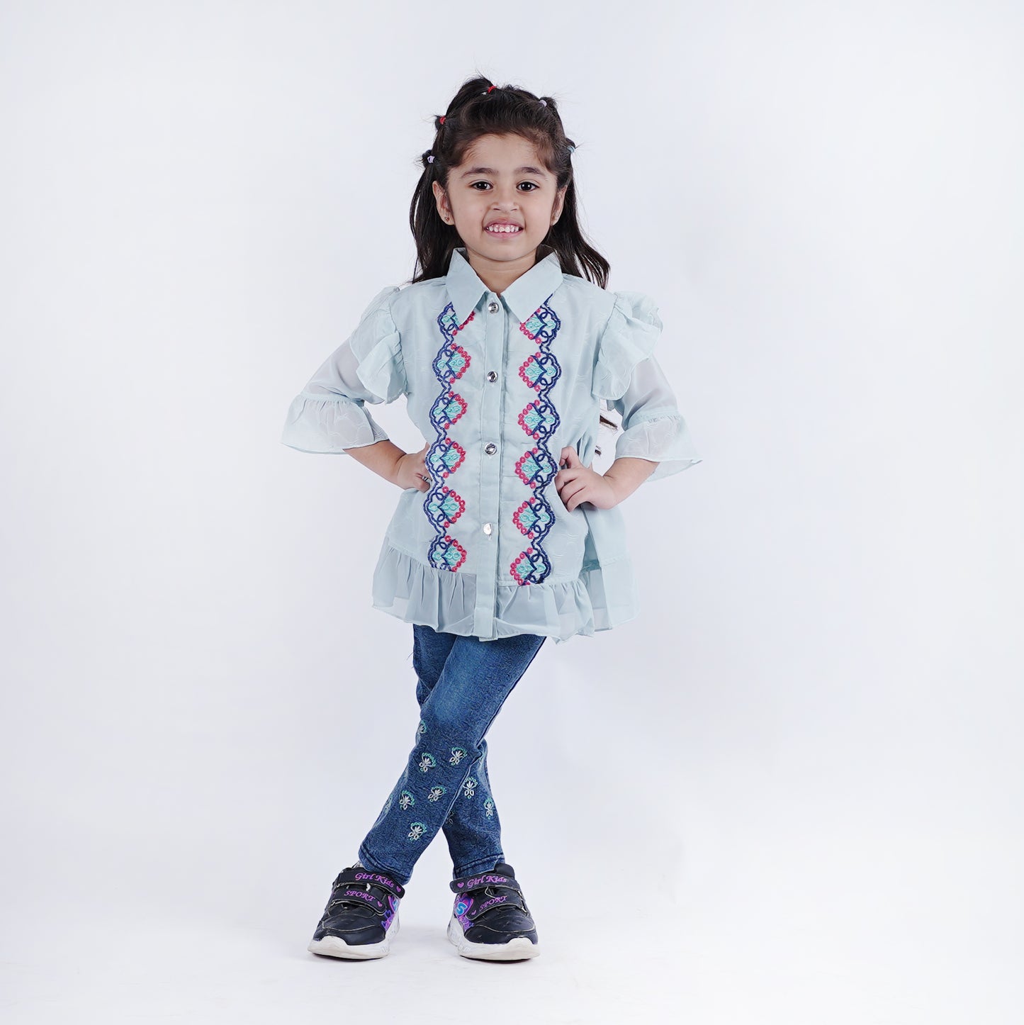 Girls Fancy Button Style Top with Denim Pants