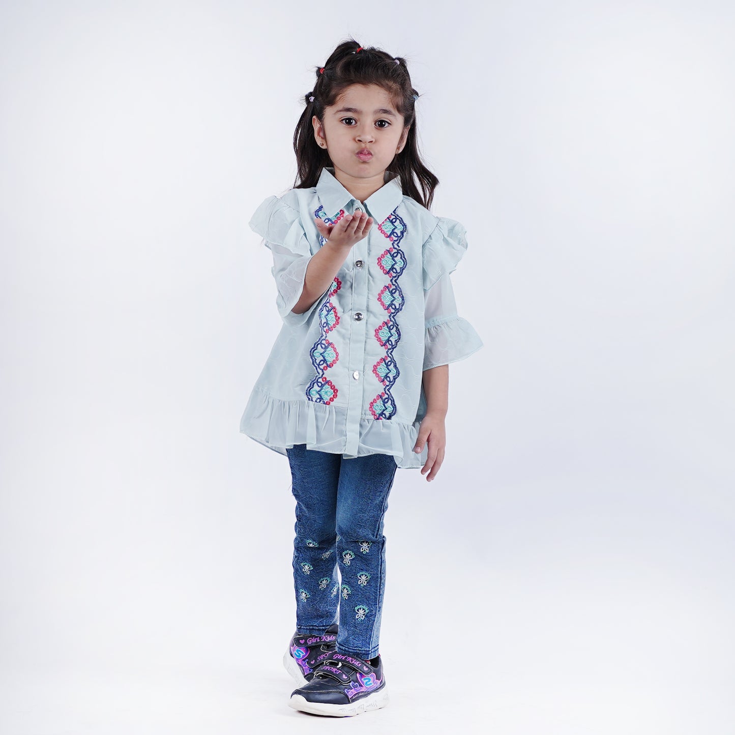 Girls Fancy Button Style Top with Denim Pants