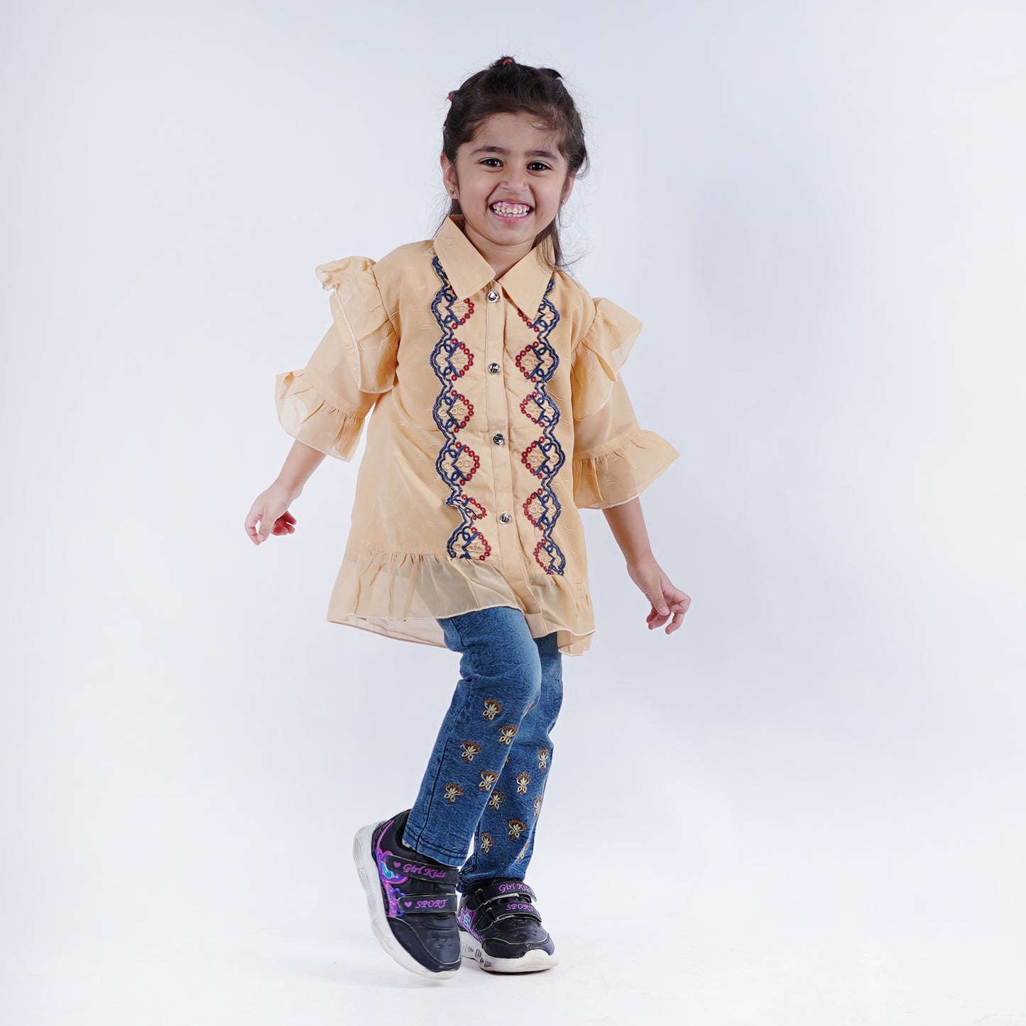 Girls Fancy Button Style Top with Denim Pants