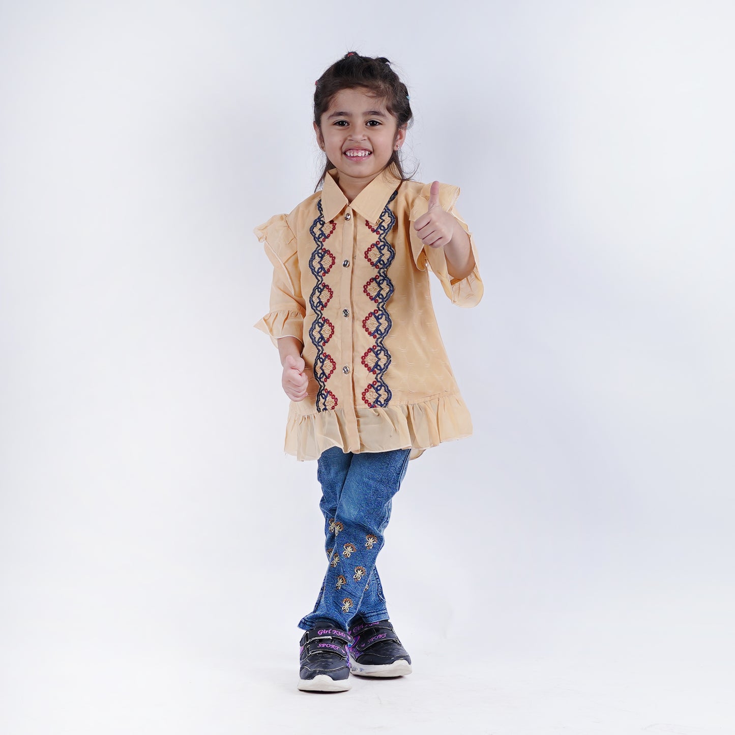 Girls Fancy Button Style Top with Denim Pants