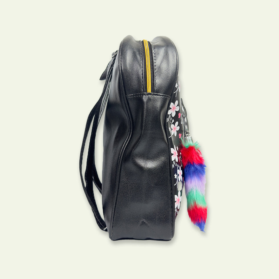 Stylish Black Bag with Fluffy Keychain