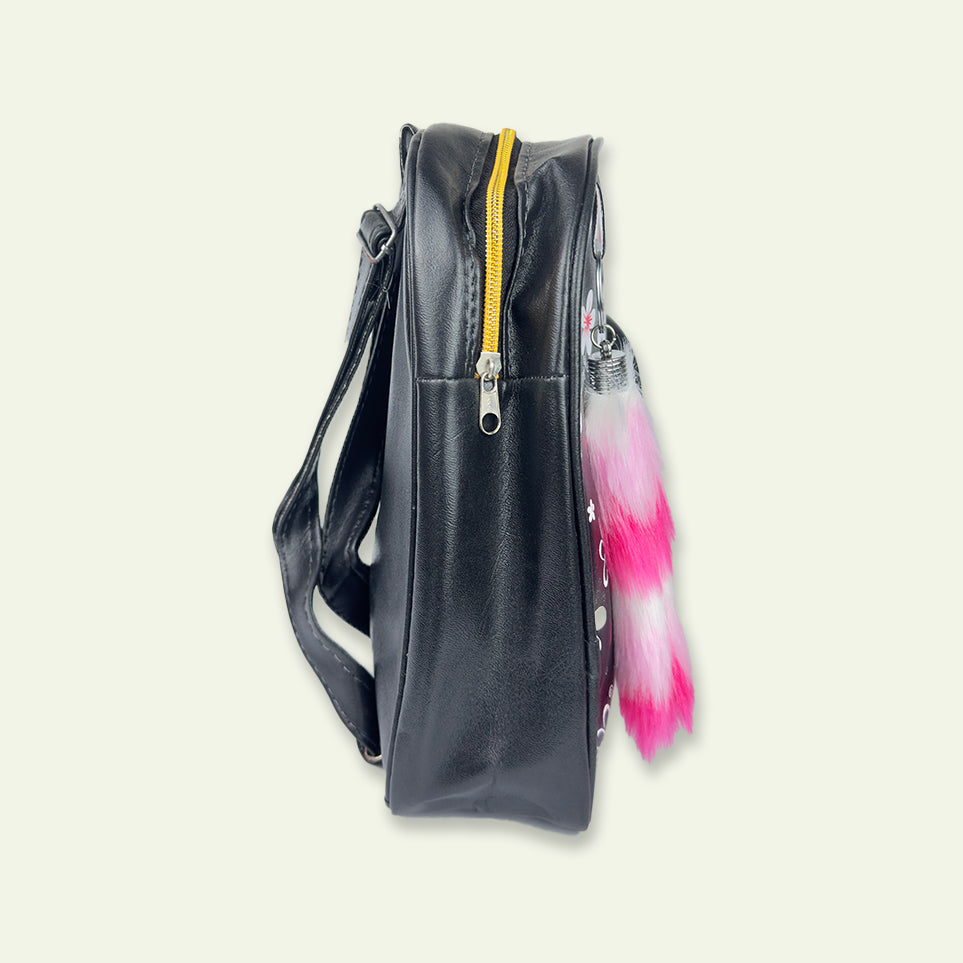 Stylish Black Bag with Pink Fluffy Keychain
