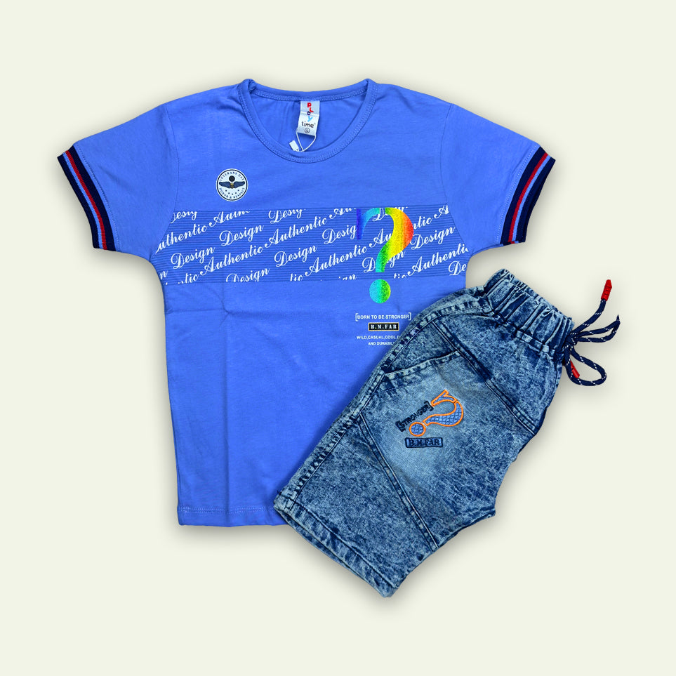 Boys Printed T-Shirt with Denim Embroided Short