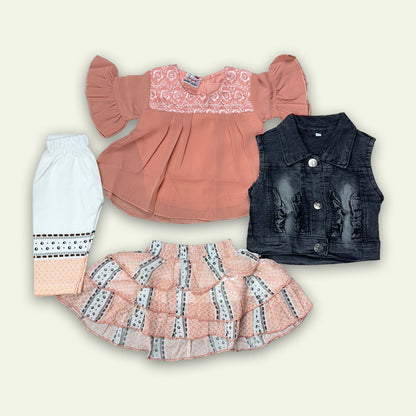 Girls 4pc Fancy Top with Skirt and Pant