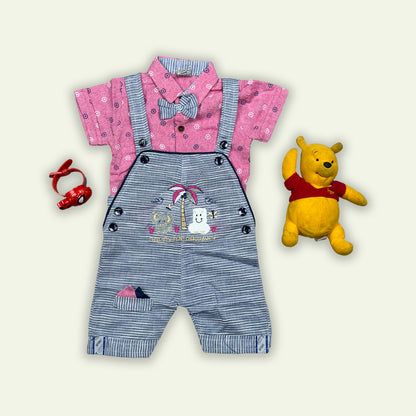 Boys Romper with Printed Shirt & Bow Tie