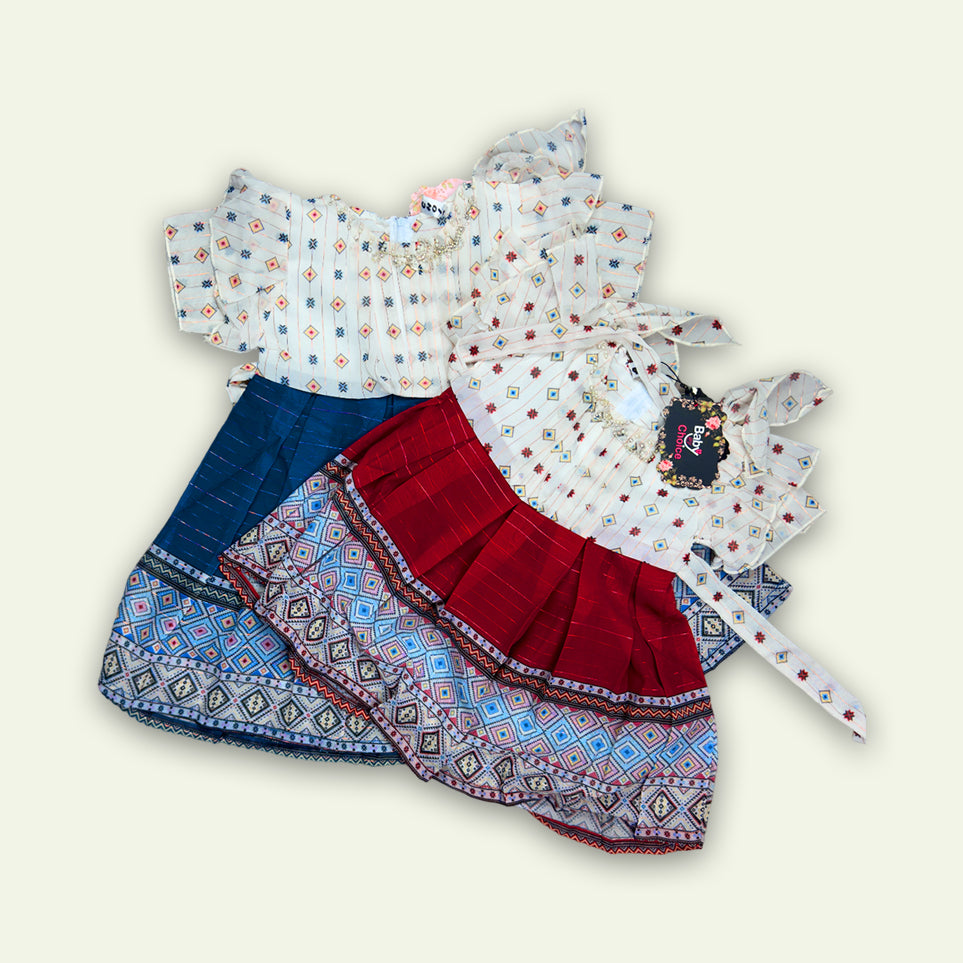Girls Ajrak Style Frock with Pajama Red & Blue