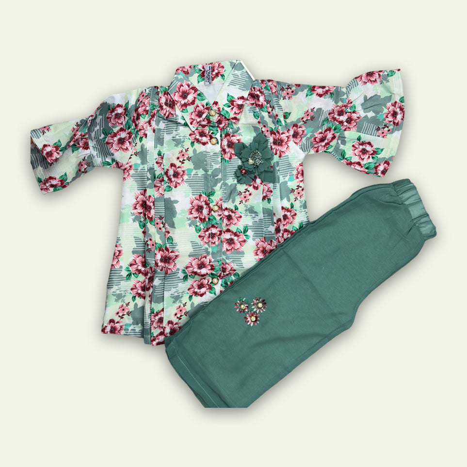 Girls Printed Top Shirt with Embroided Pajama