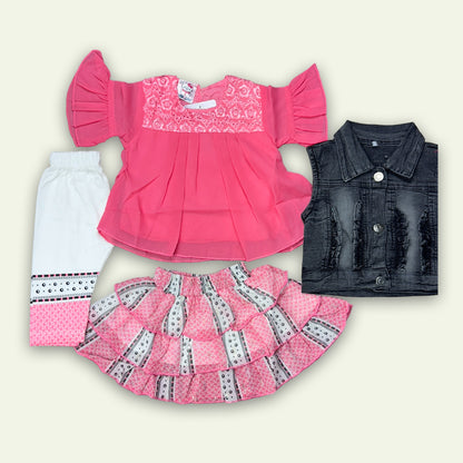 Girls 4pc Fancy Top with Skirt and Pant