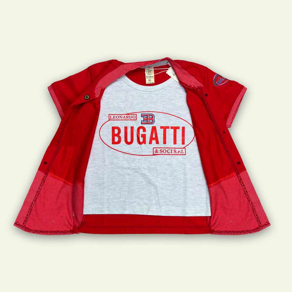Boys Fancy Bugatti Shirt & T-Shirt Set with Denim Shorts Red & Blue.