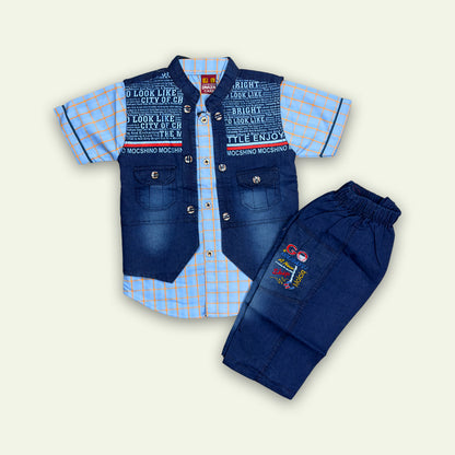Boys 3pc Check Shirt with Faded Denim Short