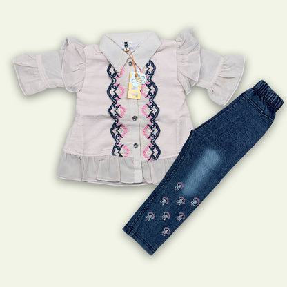 Girls Fancy Button Style Top with Denim Pants