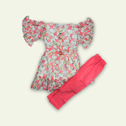 Girls Fancy Frock Flower Belt with Pajama Green & Pink