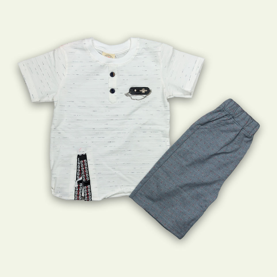 Boys Fancy White T-Shirt & Gray Shorts