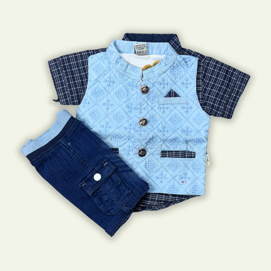 Boys 3pc Check Shirt & Coat with Denim Short