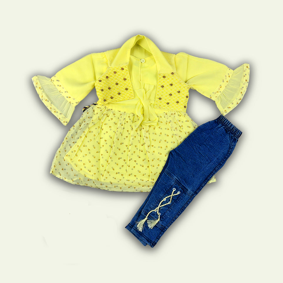 Girls 3pc Coat Style Fancy Frock with Jeans Pants Yellow & Blue
