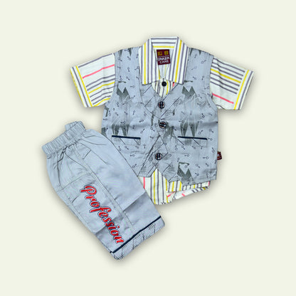Boys Fancy 3pc Stripe Shirt with Printed Short