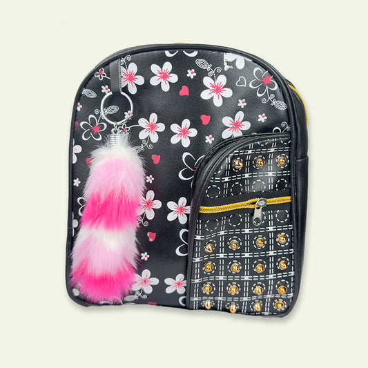 Stylish Black Bag with Pink Fluffy Keychain