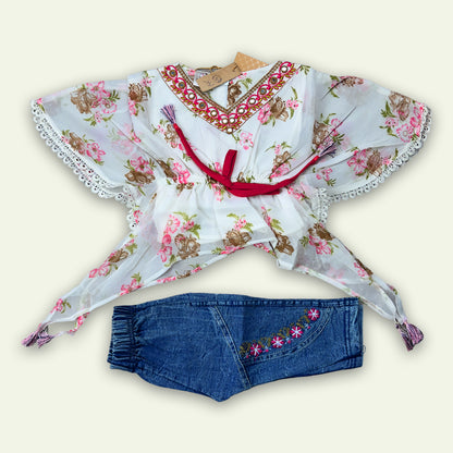 Girls Fancy Floral Printed Top with Denim Pants