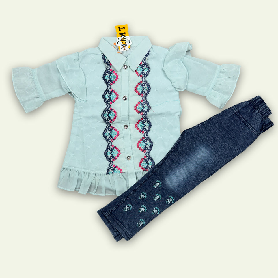 Girls Fancy Button Style Top with Denim Pants