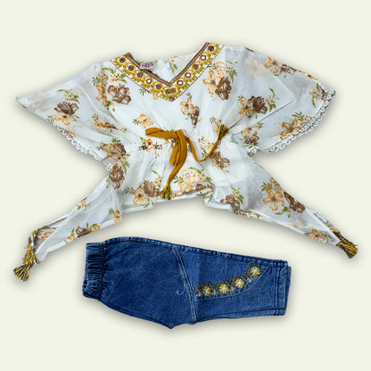 Girls Fancy Floral Printed Top with Denim Pants