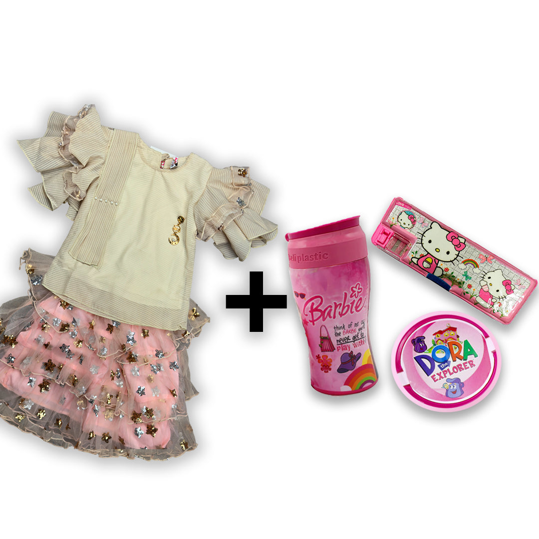 Girls Fancy Top with Skirt + Mix Cartoon Character for Pencil Box / Lunch Box / Water Bottle (Bundle Offer)