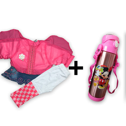 Girls Fancy Top with Bottom Check Pajama + Premium Water Bottle Stainless Steel 600ml (Bundle Offer)