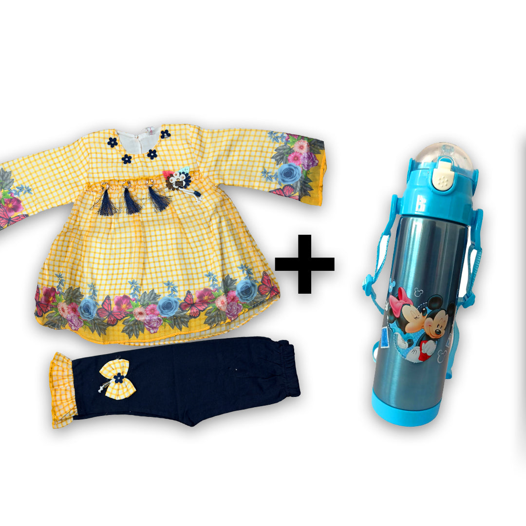 Girls Fancy Floral Top with Designed Flower Bunch Pajama + Premium Water Bottle Stainless Steel 600ml (Bundle Offer)