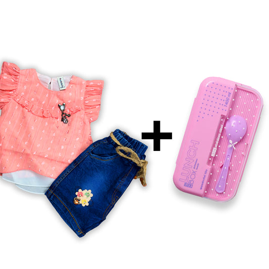 Girls Fancy Frock with White Inner with Denim Shorts + Premium Stainless Steel Lunch Box - Leak Proof (Bundle Offer)