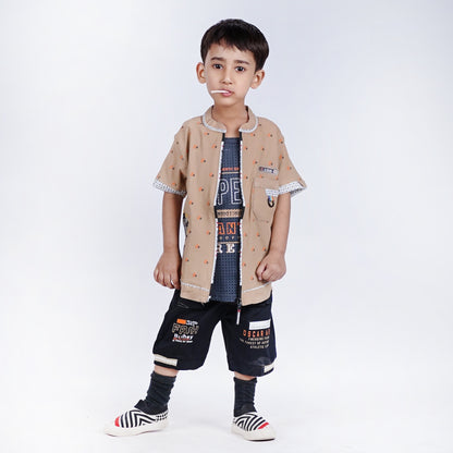 Boys Printed Zipper Shirt with Black Short