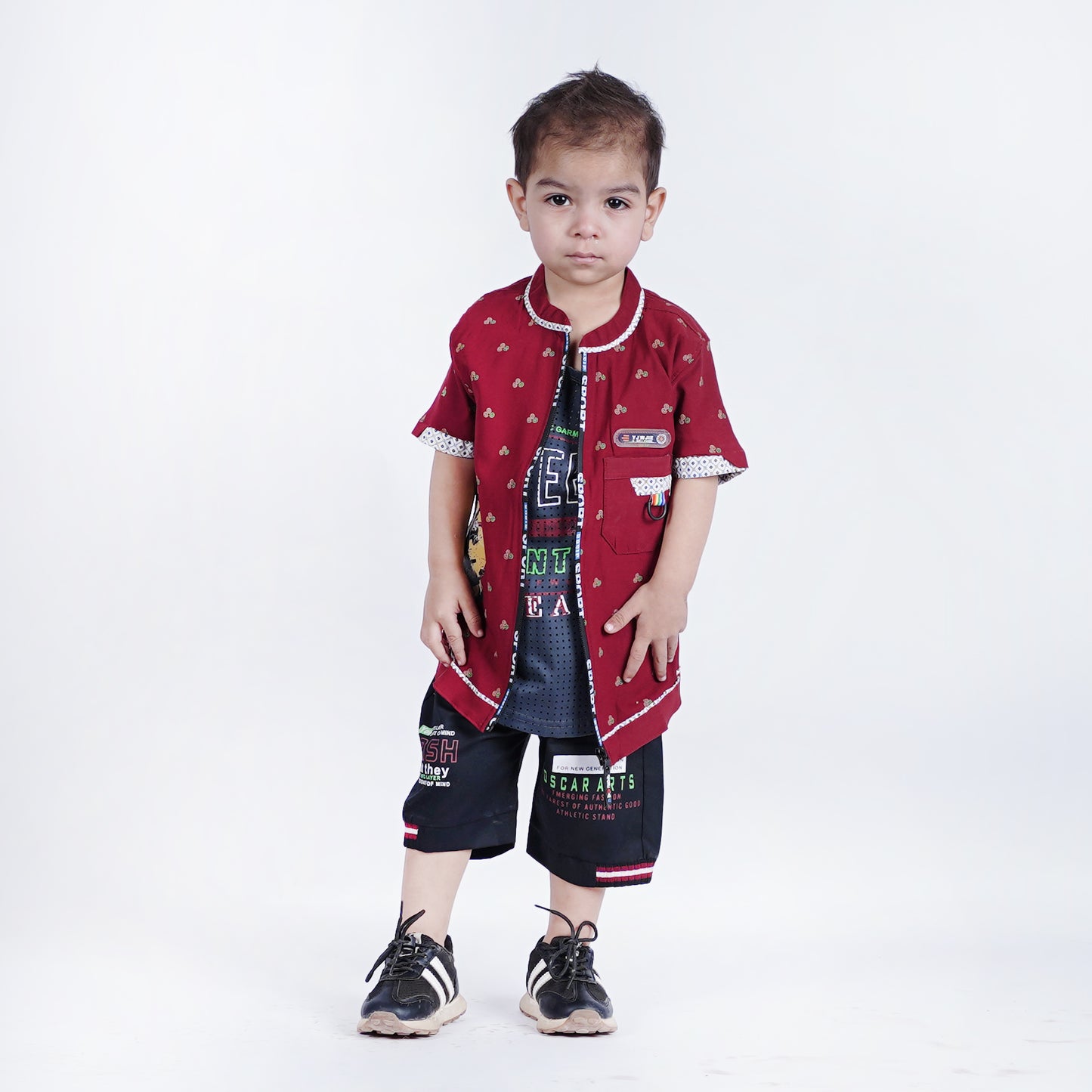 Boys Printed Zipper Shirt with Black Short