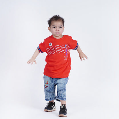 Boys Printed T-Shirt with Denim Embroided Short
