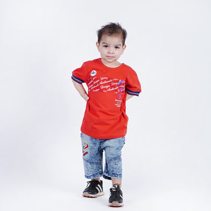 Boys Printed T-Shirt with Denim Embroided Short