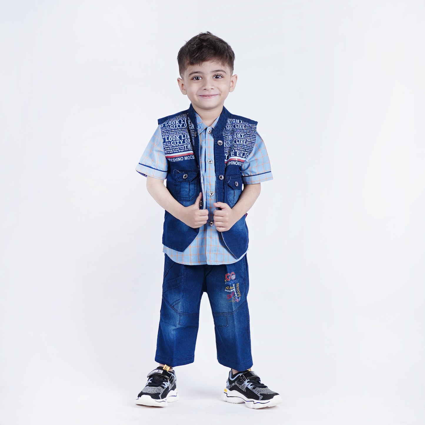 Boys 3pc Check Shirt with Faded Denim Short