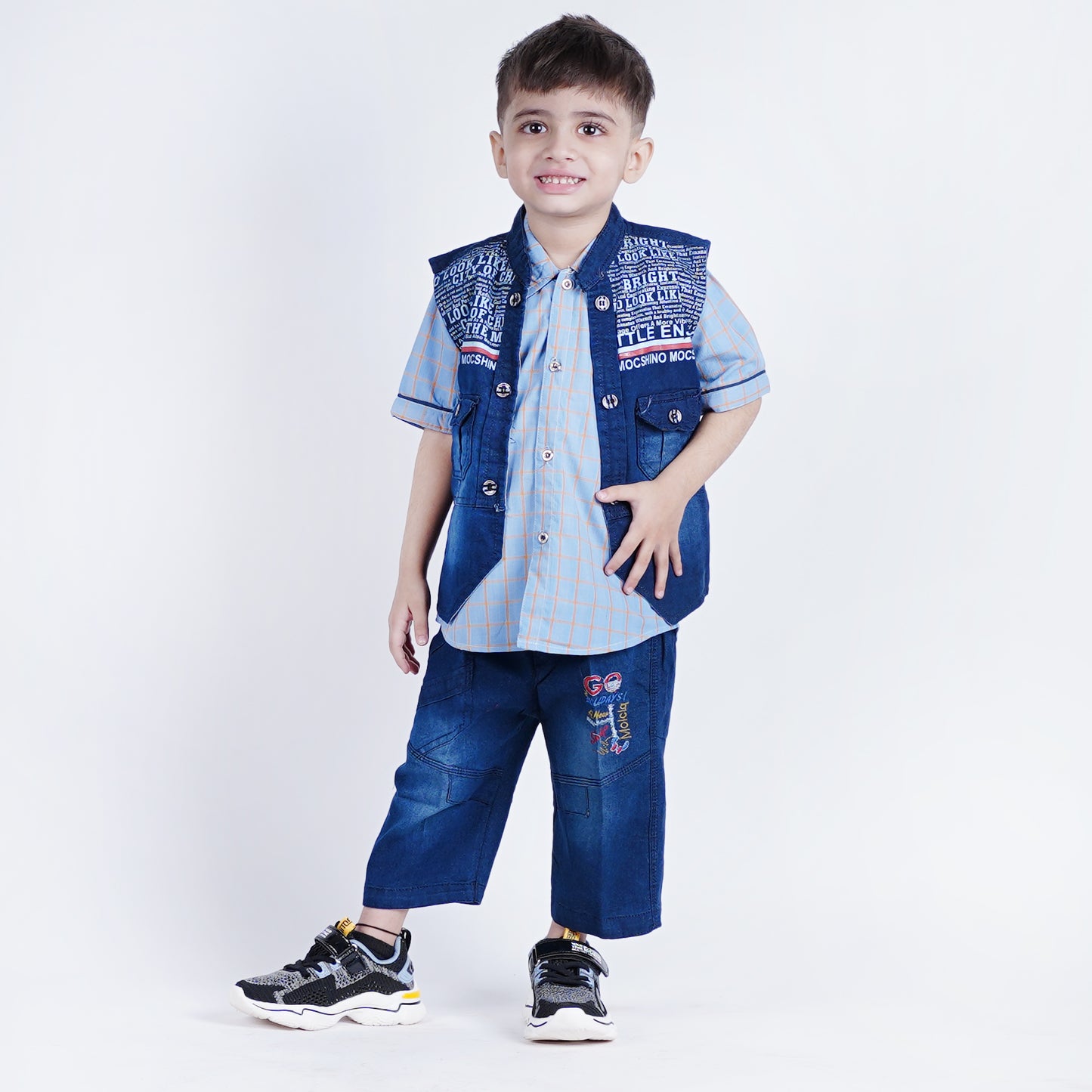 Boys 3pc Check Shirt with Faded Denim Short