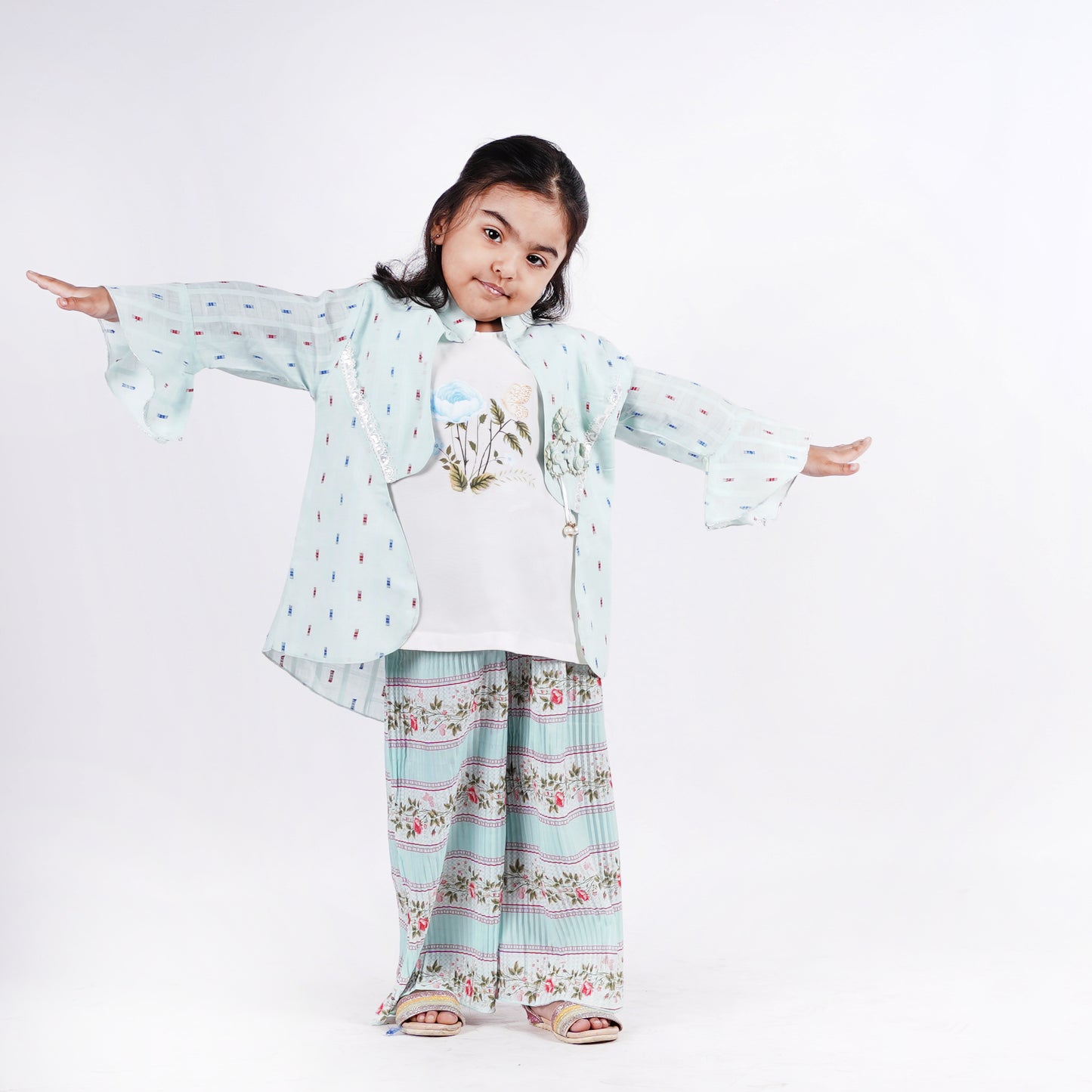 Girls 3pc Fancy Top with Flower Printed Pajama